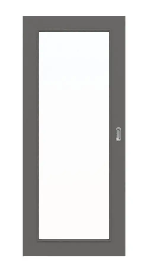 Widok frontowy drzwi przesuwnych Huga Hygge szary RAL 7037 lakier Basic z wycięciem na szybę LA-27
