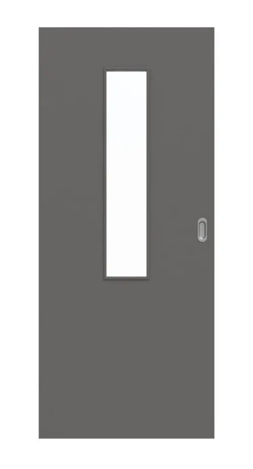 Widok frontowy marki Huga drzwi przesuwne Hygge szary RAL 7037 Durat Basic z przeszkleniem LA 4 na środku