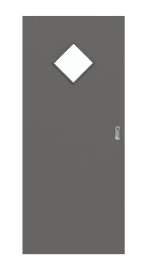 Widok frontowy drzwi przesuwnych Huga Hygge szary RAL 7037 Durat Basic z przeszkleniem LA 6 romb.
