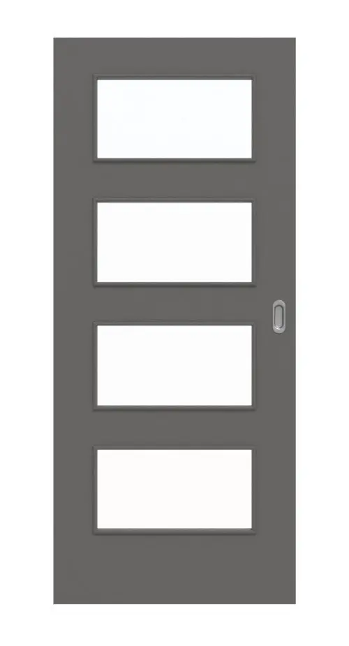 Widok frontowy marki Huga drzwi przesuwne Hygge szary RAL 7037 Durat Basic z przeszkleniem LA 9