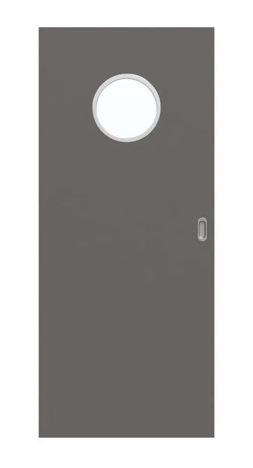 Widok frontowy drzwi przesuwnych Hygge marki Huga, szary RAL 7037 Durat Basic z przeszkleniem LA bulaj.