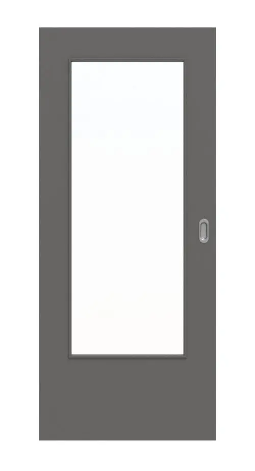 Widok frontowy marki Huga drzwi przesuwne Hygge szary RAL 7037 lakierowane Basic z przeszkleniem LA-DIN