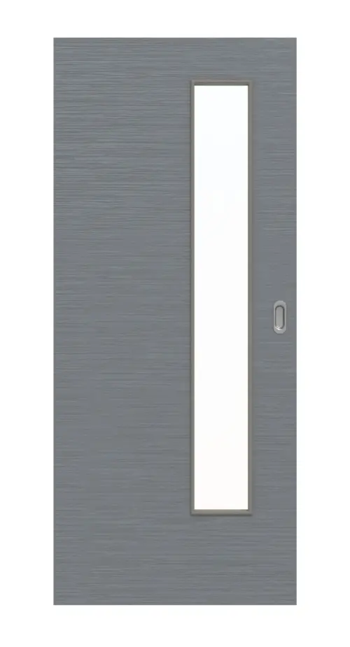 Widok frontowy drzwi przesuwnych strukturyzowanych Hygge szary LA 24 od strony zamka Basic - Huga