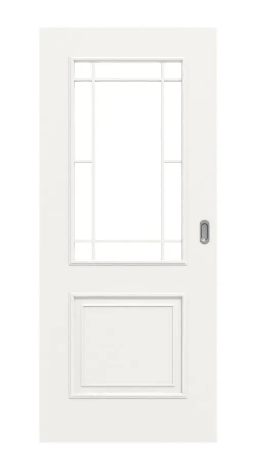 Widok frontowy drzwi przesuwne styl wiejski 2 LA Lugano klasyczny Durat biały beskidzki RAL 9016 - Huga
