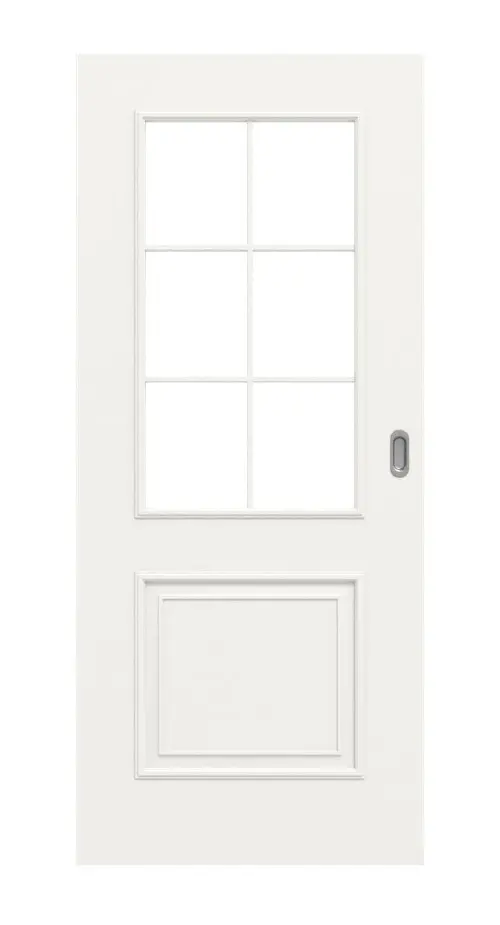 Widok frontowy - styl wiejski 2 LA, szprosy 2/3, klasyczny biały lakier, drzwi przesuwne - Huga