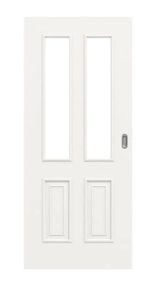 Widok frontowy drzwi przesuwnych styl wiejski 4 LA klasyczny Durat biały beskidzki RAL 9016 - Huga