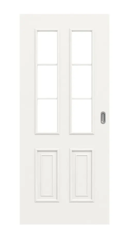 Widok frontowy drzwi przesuwnych styl wiejski 4 LA szpros 1/3 klasyczny Durat biały beskidzki RAL 9016 - Huga