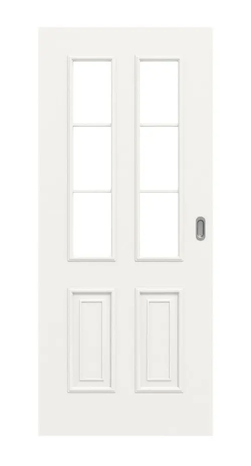 Widok frontowy: styl wiejski 4 LA, szprosy 1/3, klasyczny biały lakier, drzwi przesuwne - Huga