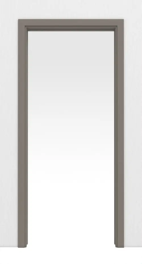 Widok frontowy systemu drzwi przesuwnych chowanych w ścianę, taupe (kolor ciemnoszaro-brązowy) RAL 7048 BaseLine lakier z ościeżnicą - Huga.