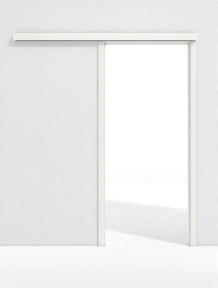Zdjęcie frontowe systemu drzwi przesuwnych WestaLack arctic biały RAL 9016, przesuwnego przed ścianą z ościeżnicą - Westag.