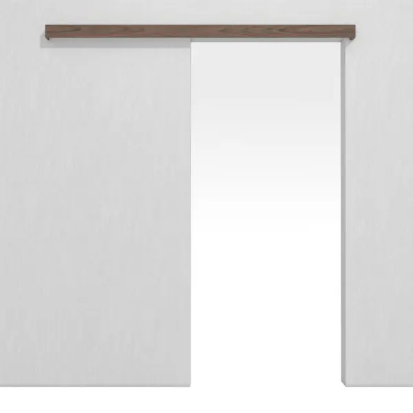 Widok frontowy systemu drzwi przesuwnych naściennych LEBO, fornir orzech włoski matowy, bez ościeżnicy.