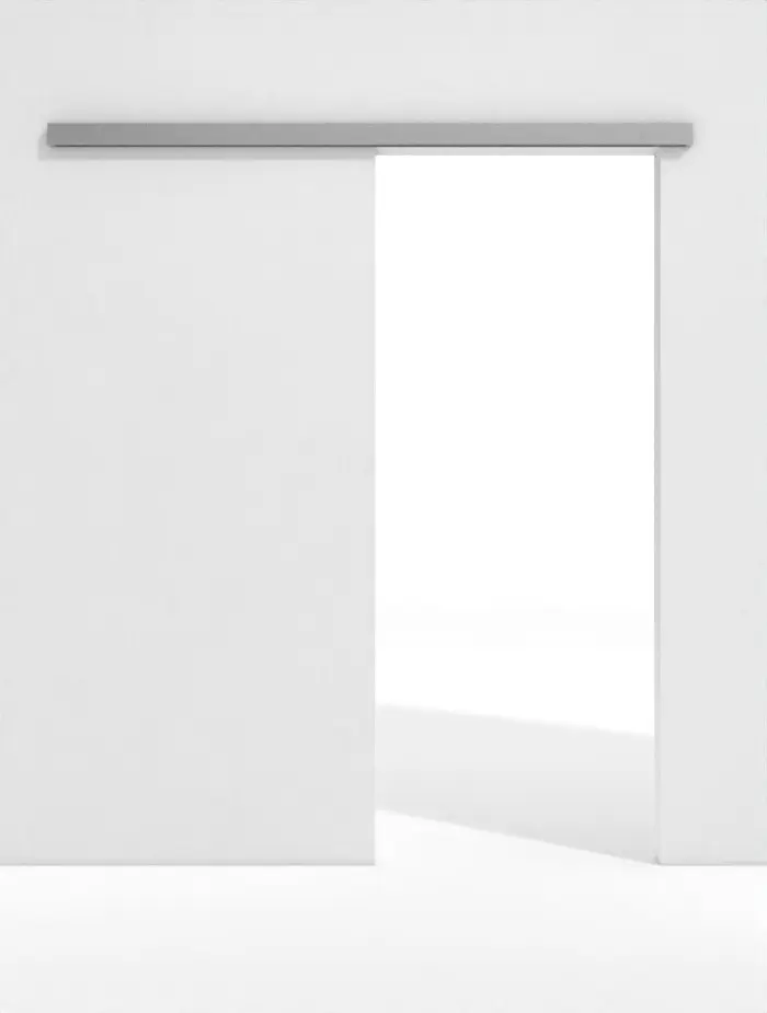 Widok frontowy systemu drzwi przesuwnych GARANT Line, optyka stali nierdzewnej, naścienny, bez ościeżnicy