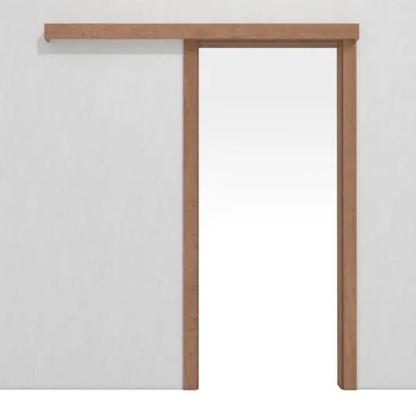 Widok frontowy naściennego systemu drzwi przesuwnych LEBO, wiśnia amerykańska matowa, fornirowane drewnem naturalnym z ościeżnicą.