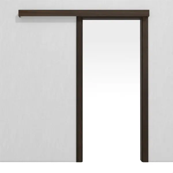 Widok frontowy firmy LEBO, system drzwi przesuwnych naścienny, dąb wędzony matowy, fornirowane drewnem naturalnym z ościeżnicą.