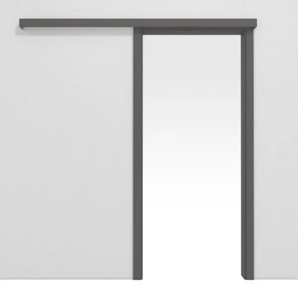 Widok frontowy naściennego systemu drzwi przesuwnych Huga Hygge, szary RAL 7037 Duradecor z ościeżnicą.