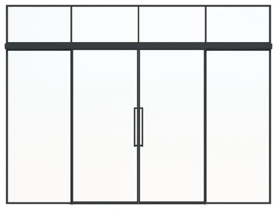 ERKELENZ zestaw drzwi przesuwnych 2-skrzydłowe SteelLine stalowe drzwi loftowe bez szprosów 0-0 z systemem drzwi przesuwnych Klassik, dwoma elementami bocznymi i naświetlem