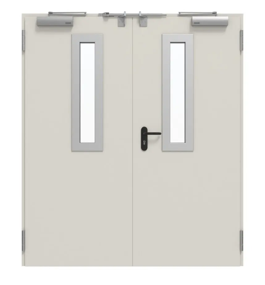 Widok frontowy zestawu drzwi zewnętrznych TECKENTRUP 2-skrzydłowe stal z funkcją ochrony przeciwpożarowej EI2 90-C5-SA 62-2 z przeszkleniem prostokątnym wycięcie 1 w tym ościeżnica blokowa.