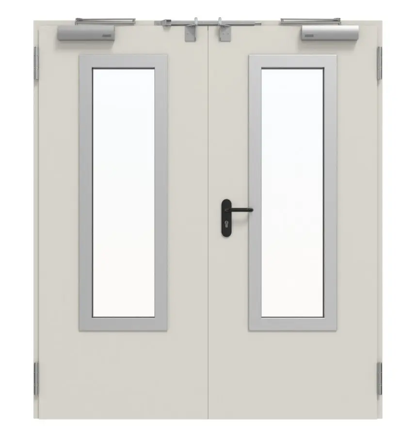 TECKENTRUP Zestaw drzwi zewnętrznych 2-skrzydłowe stal z funkcją ochrony przeciwpożarowej EI2 90-C5-SA 62-2 z przeszkleniem prostokątnym wycięcie 3 w tym ościeżnica narożna