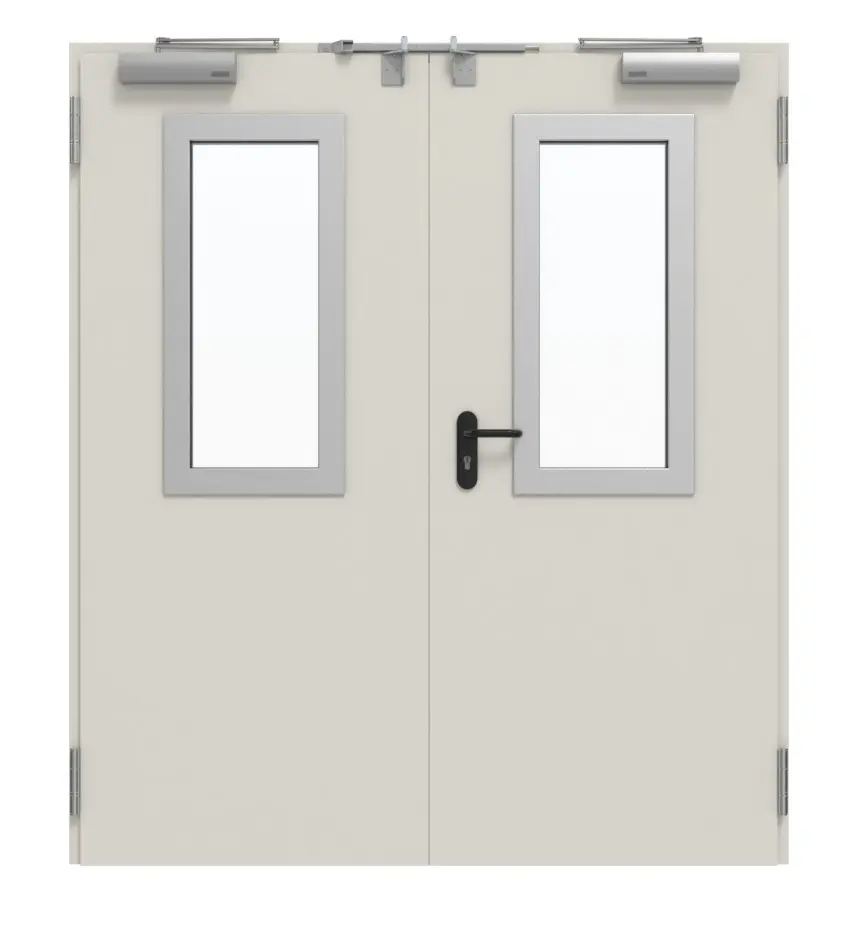 Teckentrup zestaw drzwi wewnętrznych 2-skrzydłowych, stal z funkcją ochrony przeciwpożarowej T90-2 FSA-62, z przeszkleniem prostokątnym wycięcie 2, w tym ościeżnica narożna i uzupełniająca