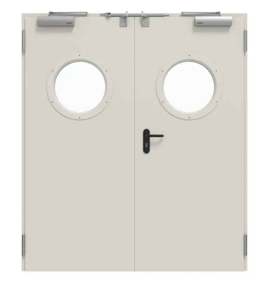 TECKENTRUP zestaw drzwi wewnętrznych 2-skrzydłowych stalowych z funkcją ochrony przeciwpożarowej T90-2 FSA-62 z okrągłym przeszkleniem wraz z ościeżnicą narożną