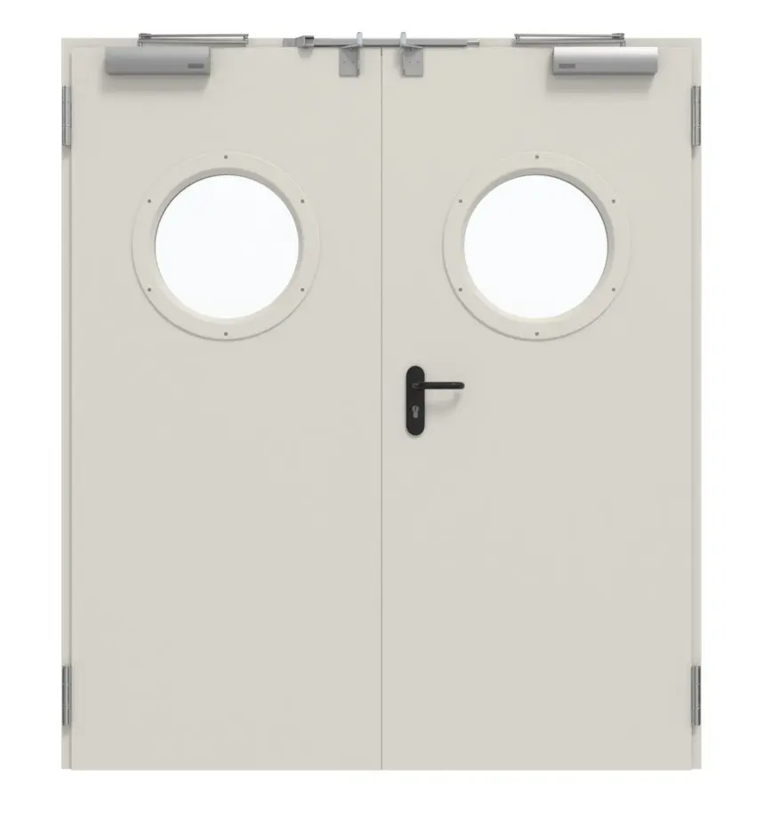 TECKENTRUP zestaw drzwi wewnętrzne 2-skrzydłowe stal z funkcją ochrony przeciwpożarowej T90-2 FSA-62 z okrągłym szkleniem w tym ościeżnica narożna i uzupełniająca