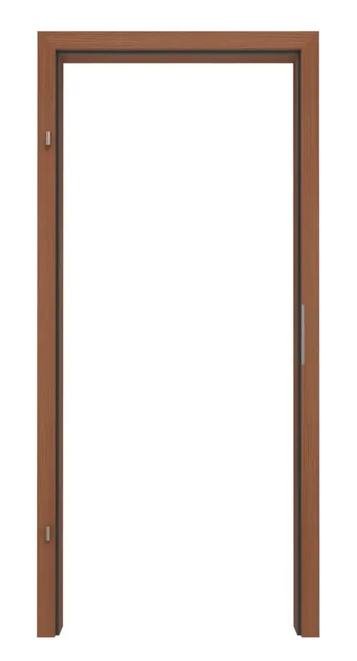 Widok frontowy ościeżnicy marki LEBO do drzwi wejściowych do mieszkania Sapeli matowy, fornirowane drewnem naturalnym, z prostokątną krawędzią