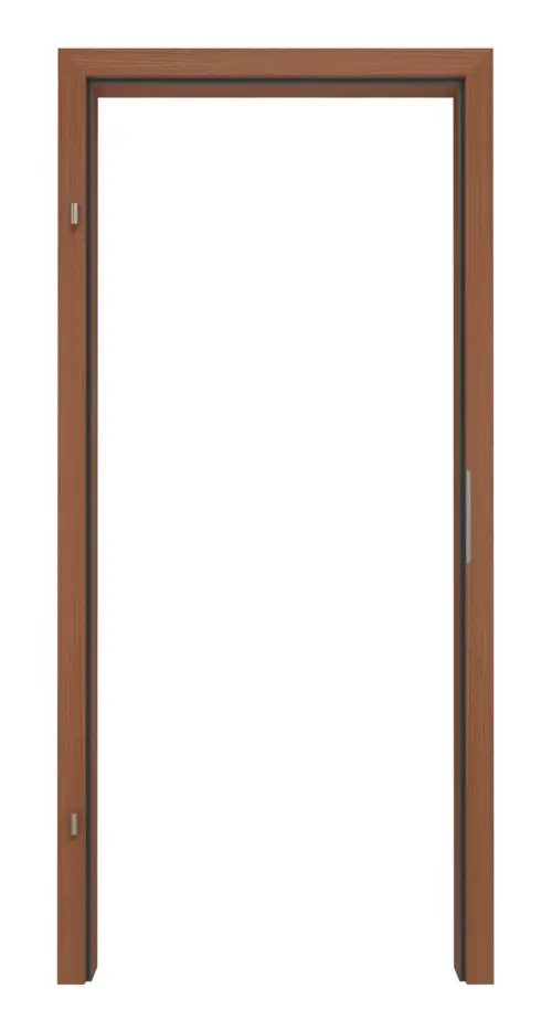 Widok frontowy marki LEBO: ościeżnica do drzwi dźwiękoszczelnych Sapeli, matowa, fornirowana drewnem naturalnym, z prostokątną krawędzią.