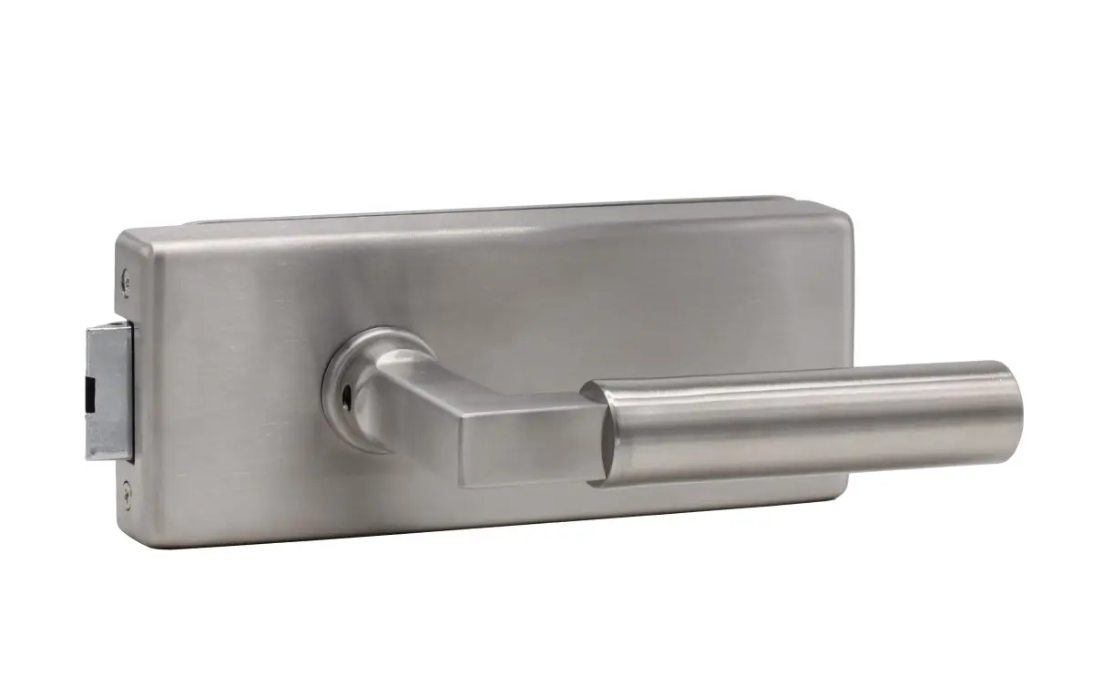 Zamek do drzwi szklanych Palma stal nierdzewna satynowana niezamykany z parą klamek Alaska - Südmetall