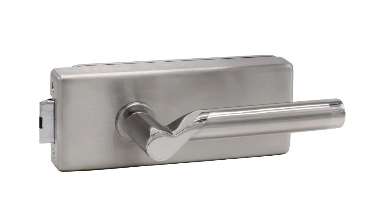 Zamek do drzwi szklanych Palma, stal nierdzewna satynowana, niezamykany na klucz, z parą klamek Elena - Südmetall