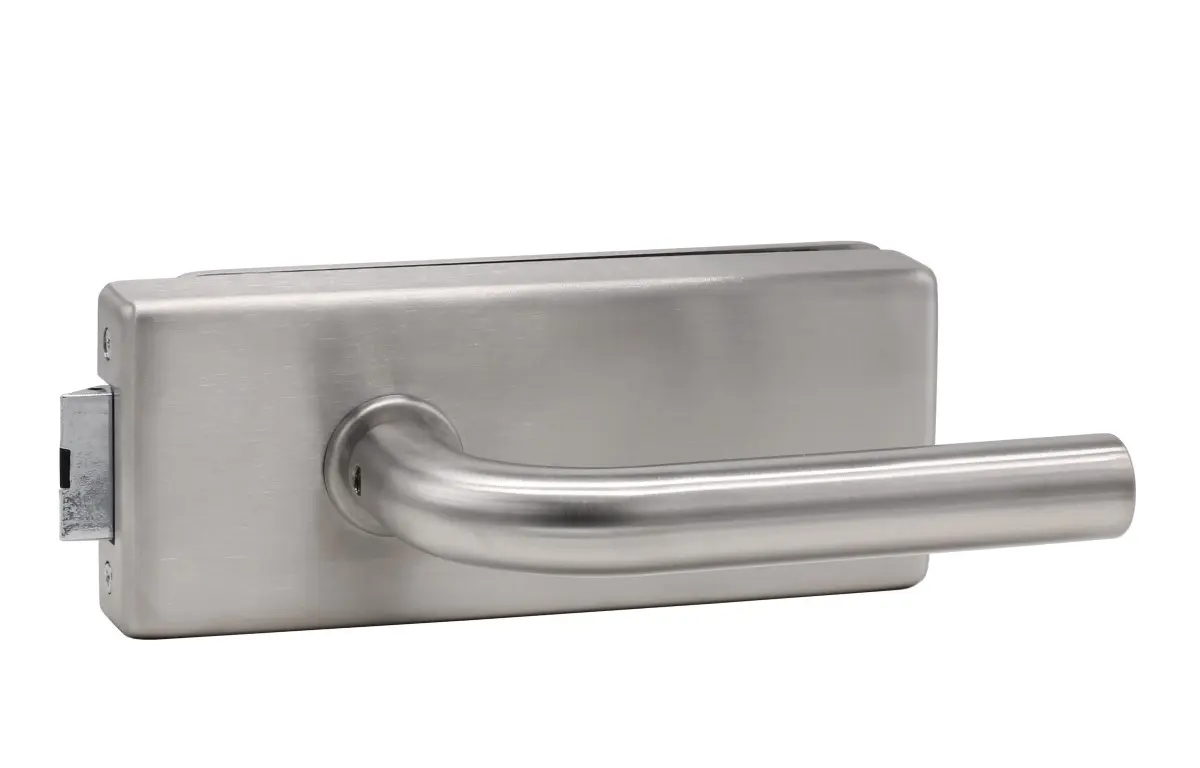 Zamek do drzwi szklanych Palma stal nierdzewna satynowana niezamykany na klucz z parą klamek Patrik - Südmetall