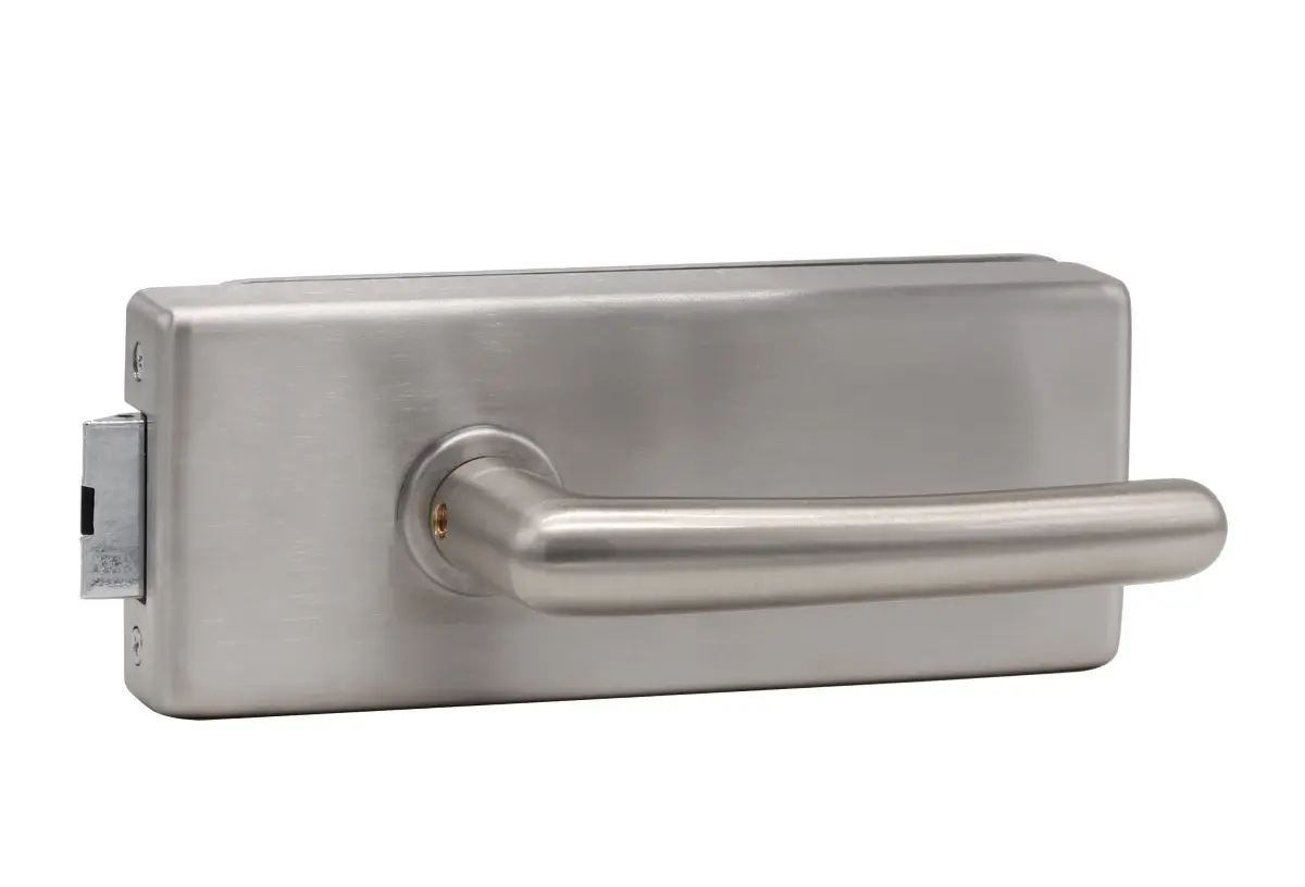 Zamek do drzwi szklanych Palma stal nierdzewna satynowana niezamykany na klucz z parą klamek Linda - Südmetall