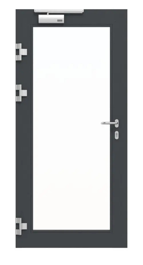 Widok frontowy zestawu drzwi wewnętrznych: drzwi ramowe aluminiowe z funkcją ochrony przeciwpożarowej HE 911 z LA-01 i ościeżnicą blokową - Hörmann.