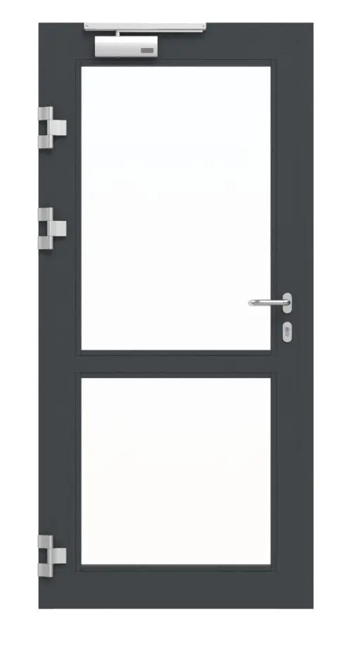 Widok frontowy zestawu drzwi wewnętrznych: aluminiowe drzwi ramowe z funkcją ochrony przeciwpożarowej HE 911 z LA-02 wraz z ościeżnicą blokową - Hörmann