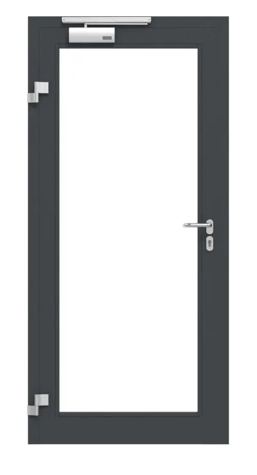 HÖRMANN zestaw drzwi wewnętrzne, drzwi ramowe aluminiowe z funkcją ochrony dymoszczelnej RS 150 i przeszkleniem LA-01, w tym ościeżnica blokowa.