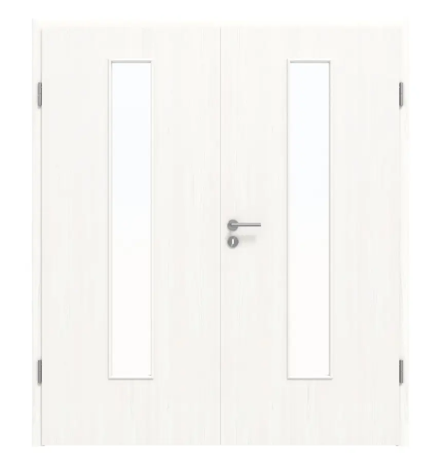 Widok frontowy drzwi dwuskrzydłowych w kolorze biel pino LA 24 Basic Durat wraz z ościeżnicą - Huga