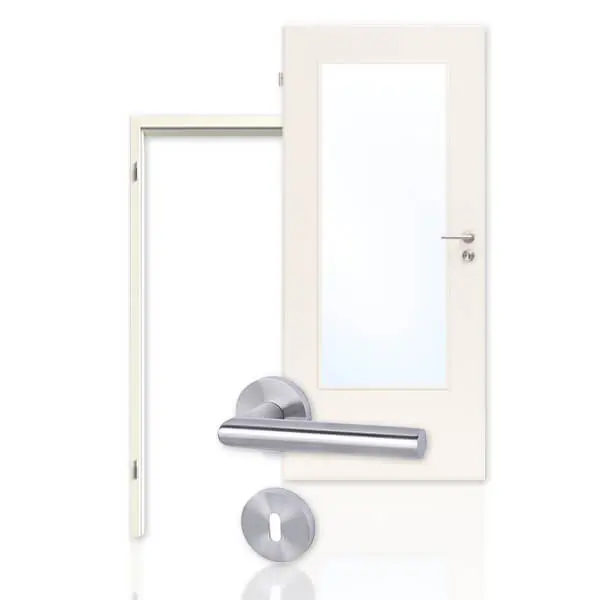 Zestaw drzwi wewnętrzne klasyczna biel RAL 9010 Typ LA-DIN WestaLack z ościeżnicą i klamką- Westag