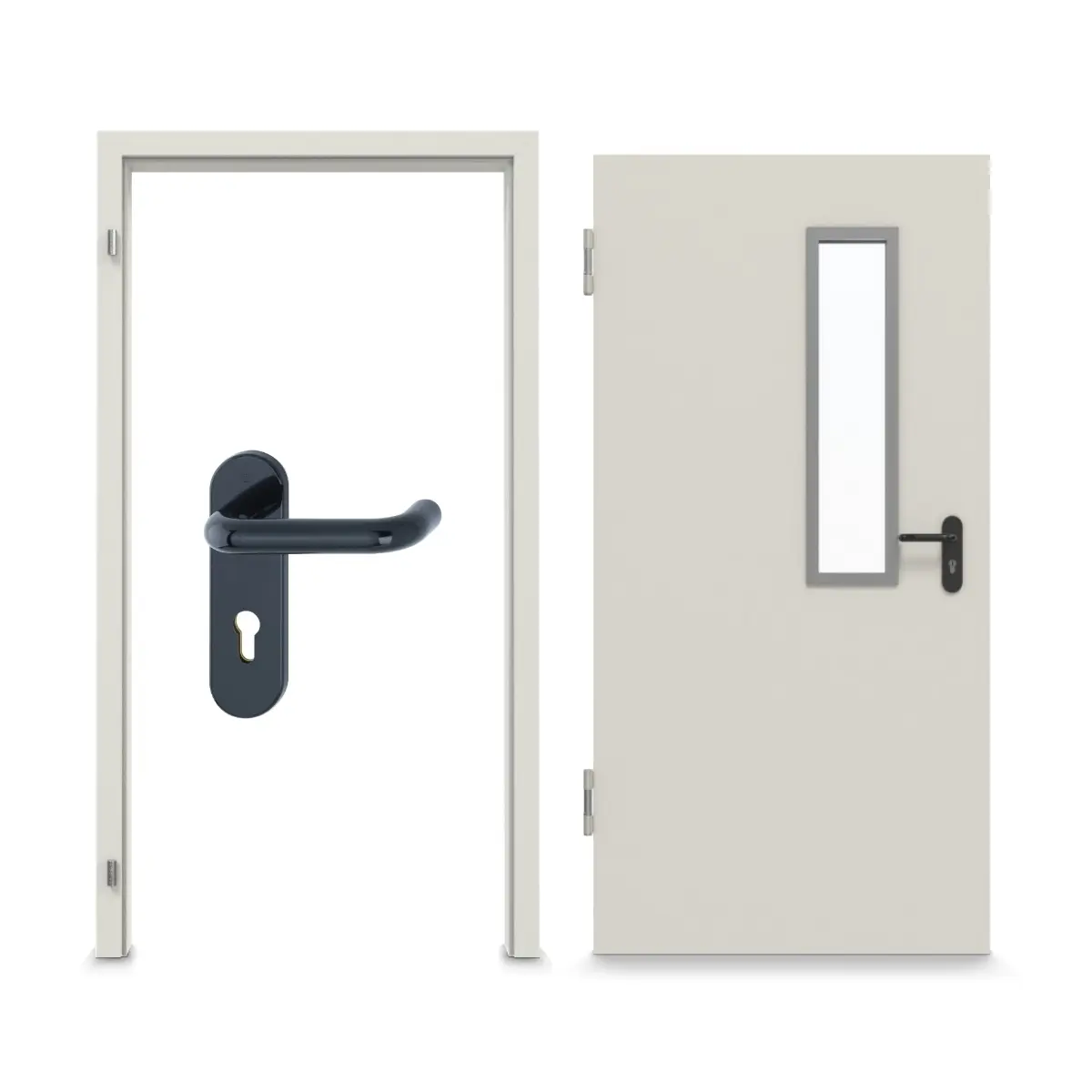 Widok frontowy stalowego zestawu drzwi wewnętrznych z funkcją ochrony przeciwpożarowej H3-1 OD z LA-B1 wraz z ościeżnicą blokową - Hörmann