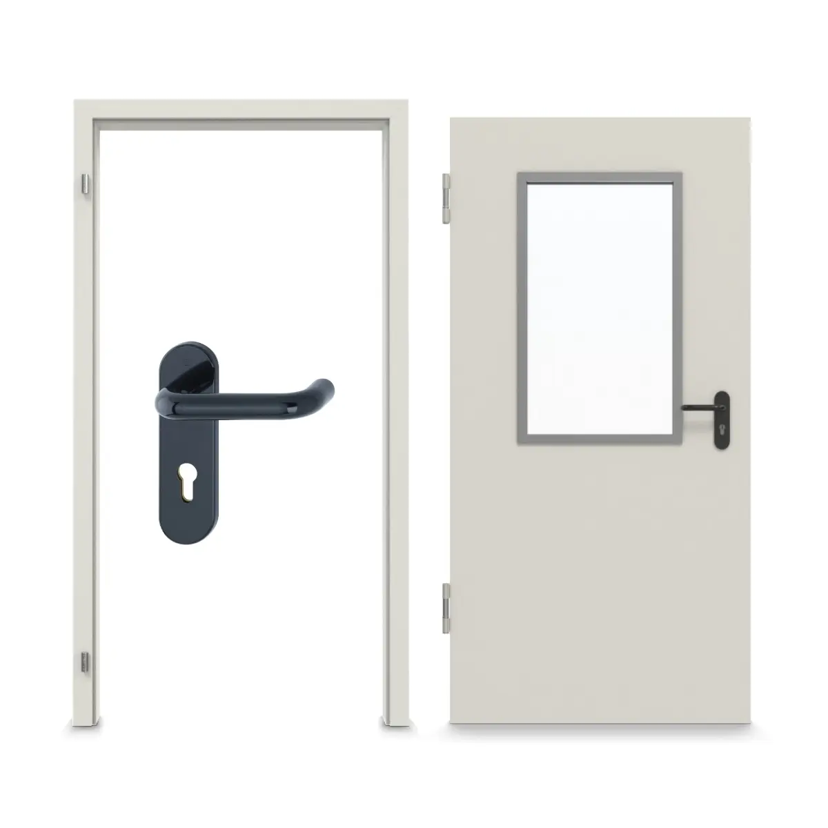 Widok frontowy zestawu stalowych drzwi wewnętrznych z funkcją ochrony przeciwpożarowej H3-1 OD z LA-B2 wraz z ościeżnicą narożną i uzupełniającą Vario B53 – Hörmann