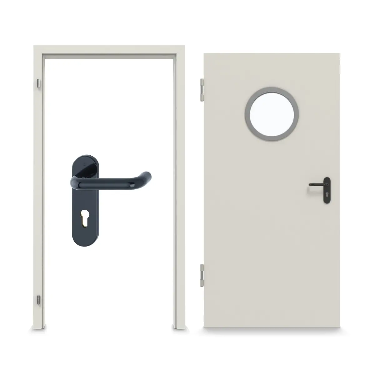 Widok frontowy zestawu stalowych drzwi wewnętrznych z funkcją ochrony przeciwpożarowej H3-1 OD z okrągłym przeszkleniem, w tym ościeżnica narożna - Hörmann