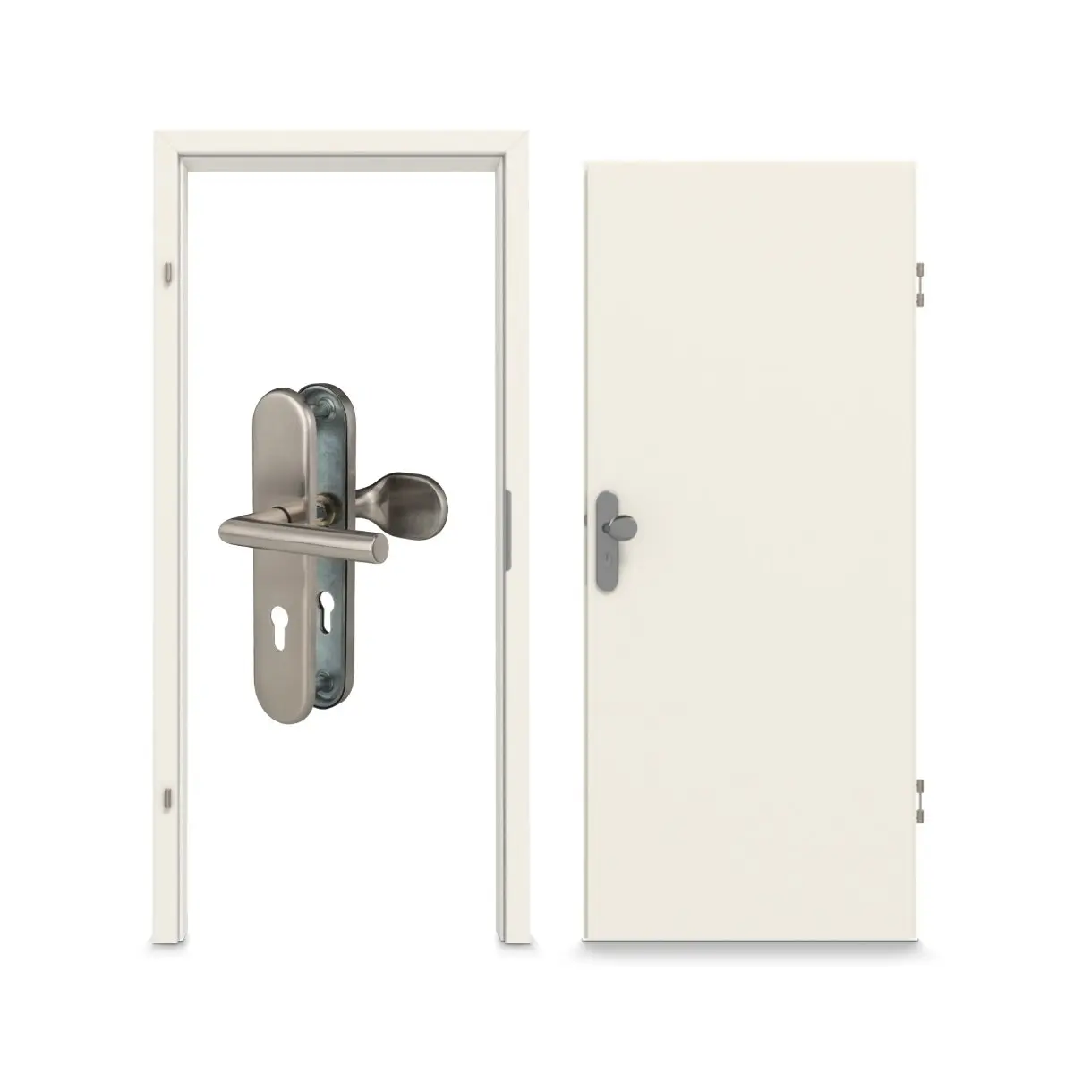 Widok kompletnego zestawu drzwi wejściowych do mieszkania marki GARANT, biały lakier RAL 9010, z ościeżnicą i okuciem.