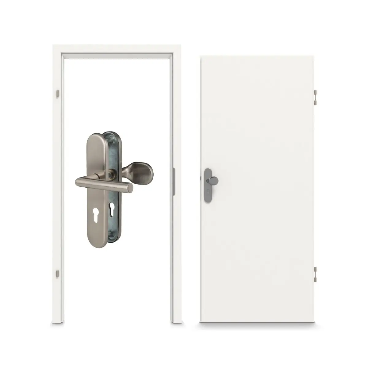 Widok kompletnego zestawu drzwi wejściowych do mieszkania GARANT, biały lakier RAL 9016 z ościeżnicą i okuciem.