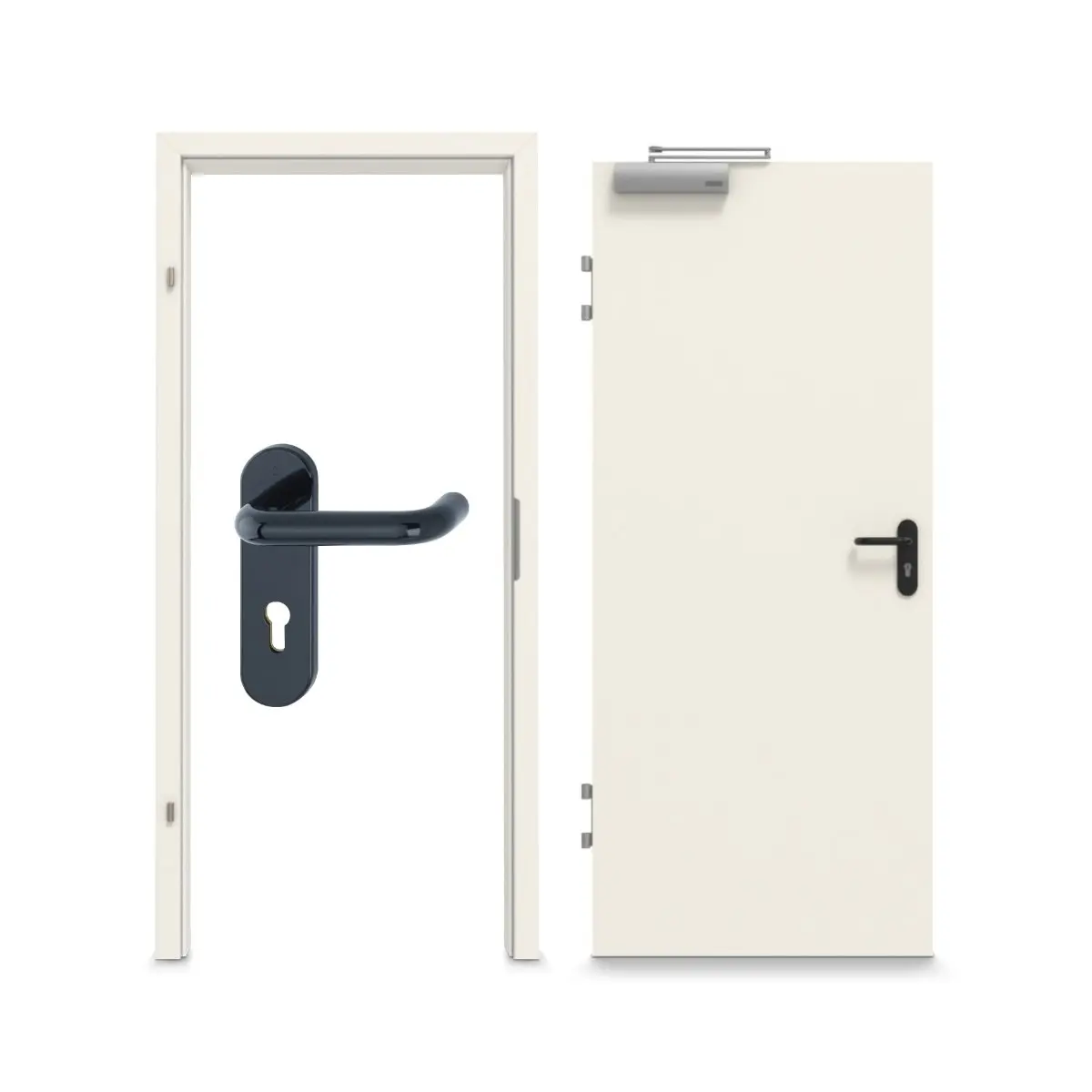 Widok kompletnego zestawu drzwi przeciwpożarowych GARANT T30 biały lakier RAL 9010 wraz z ościeżnicą