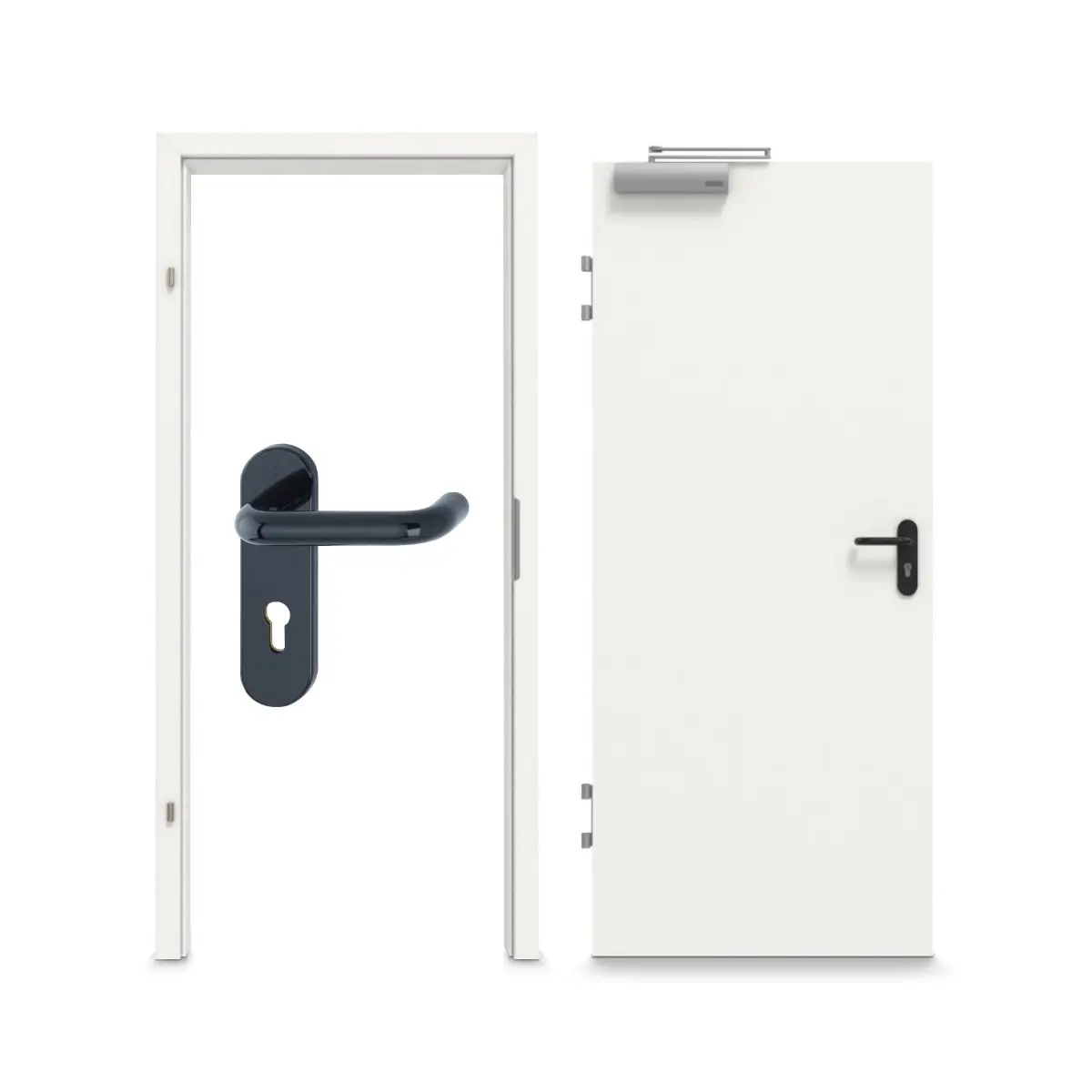 Widok kompletnego zestawu: zestaw drzwi przeciwpożarowych T30 GARANT biały lakier RAL 9016, w tym ościeżnica