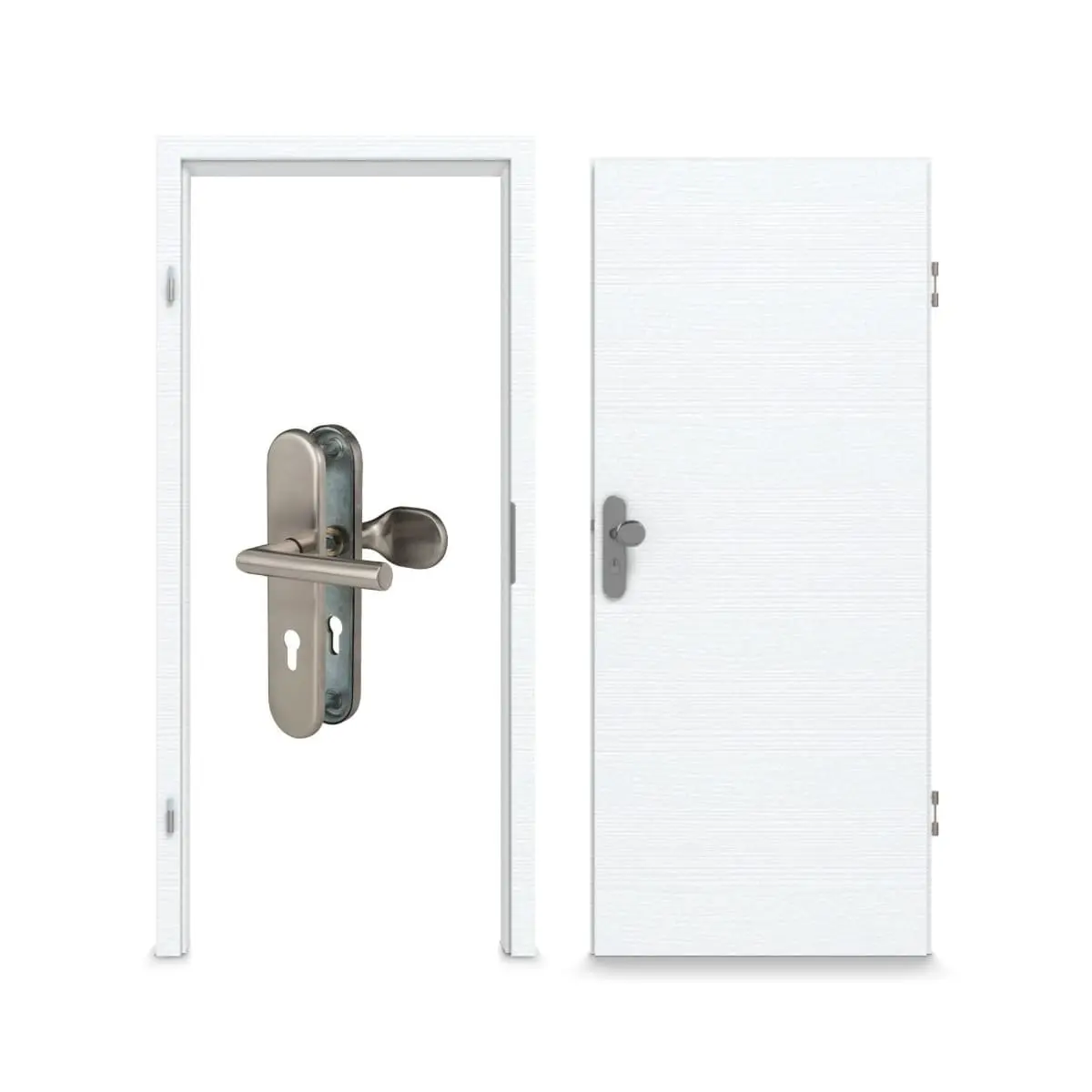 Widok kompletnego zestawu drzwi wejściowych do mieszkania CLASSEN biel ze strukturą CPL 4.1 z ościeżnicą i okuciem