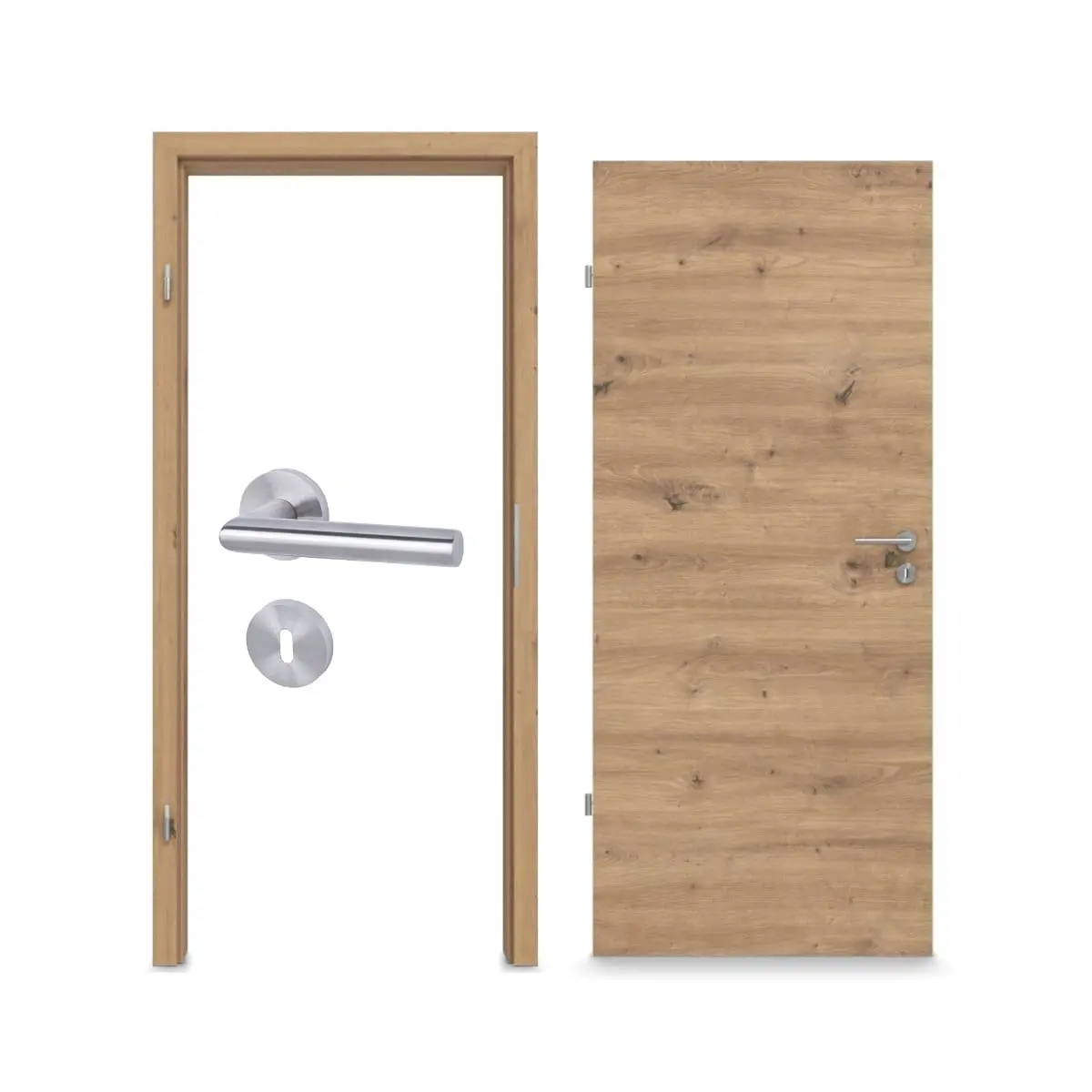 Widok kompletnego zestawu marki WESTAG zestaw drzwi wewnętrzne Artis dąb Cross EiC 793 PortaLit CPL z ościeżnicą i klamką