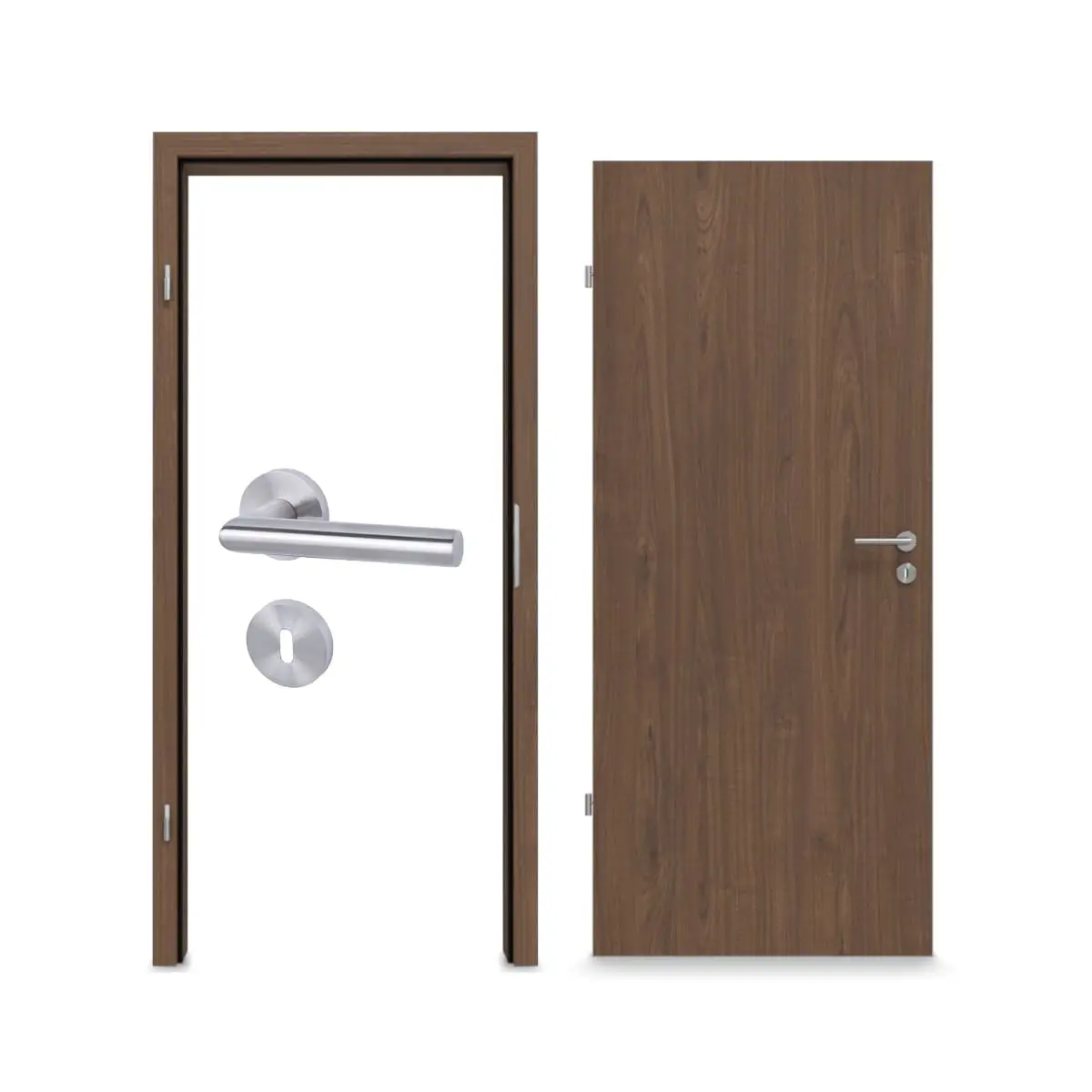 Widok kompletnego zestawu drzwi wewnętrznych WESTAG orzech włoski Trentino NU 717 PortaLit CPL z ościeżnicą i klamką.
