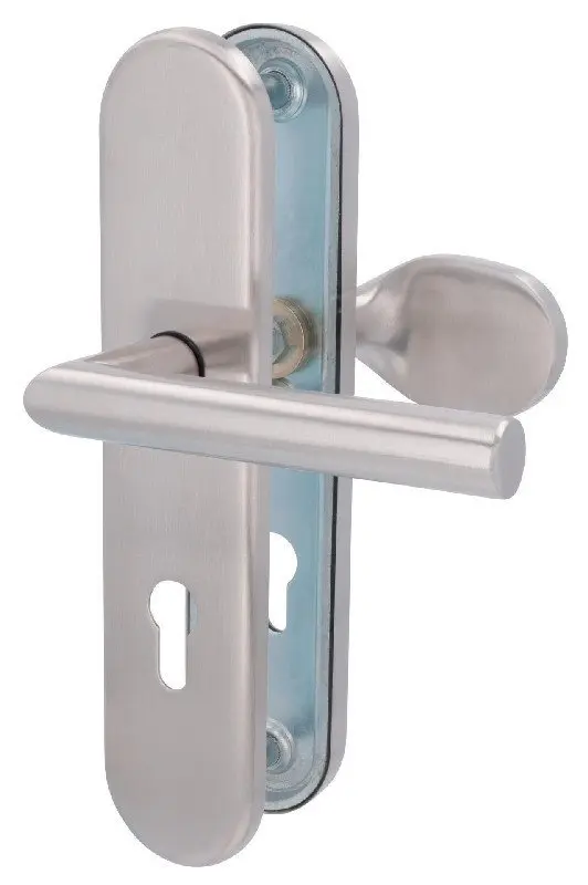 Zdjęcie klamki i płyty uchwytu marki SÜDMETALL, zamek z zabezpieczeniem przed zmianą Sicura Ronny-LS, stal nierdzewna satynowana, do drzwi bocznych.