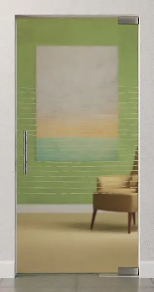 Zdjęcie szklanych drzwi wahadłowych z motywem Morse, matowe, DORMA Mundus BTS Wariant 1 - Erkelenz