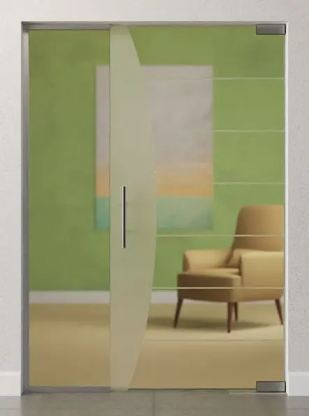 Zdjęcie szklanych drzwi wahadłowych z motywem Amara matowy i stałym elementem bocznym DORMA Mundus BTS wariant 2 - Erkelenz