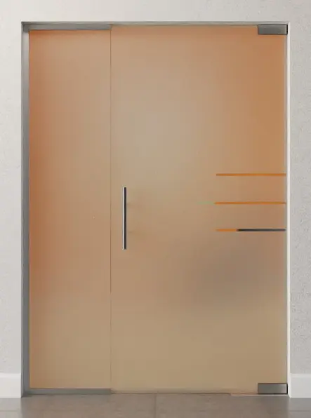 Zdjęcie przezroczystych szklanych drzwi wahadłowych z motywem Bahia i stałym elementem bocznym, DORMA Mundus BTS wariant 2 - Erkelenz